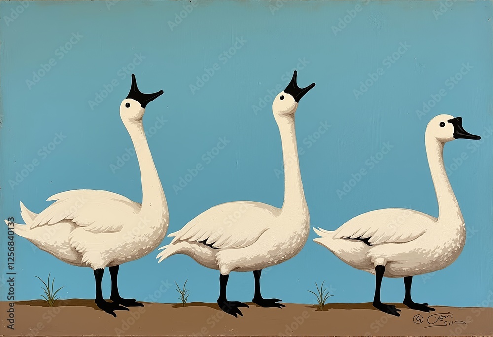 Obraz premium Minimalist Swan Line Art: Vintage Oil Painting Style, White Swans with Black Beaks Gazing Upward, Solid Light Blue Background, Abstract and Simple
