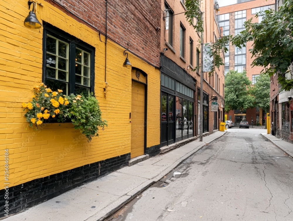 Fototapeta premium Hidden Gem Alleyway: A vibrant yellow-painted brick building with a charming window box overflowing with flowers adds a splash of color to a quiet alleyway.