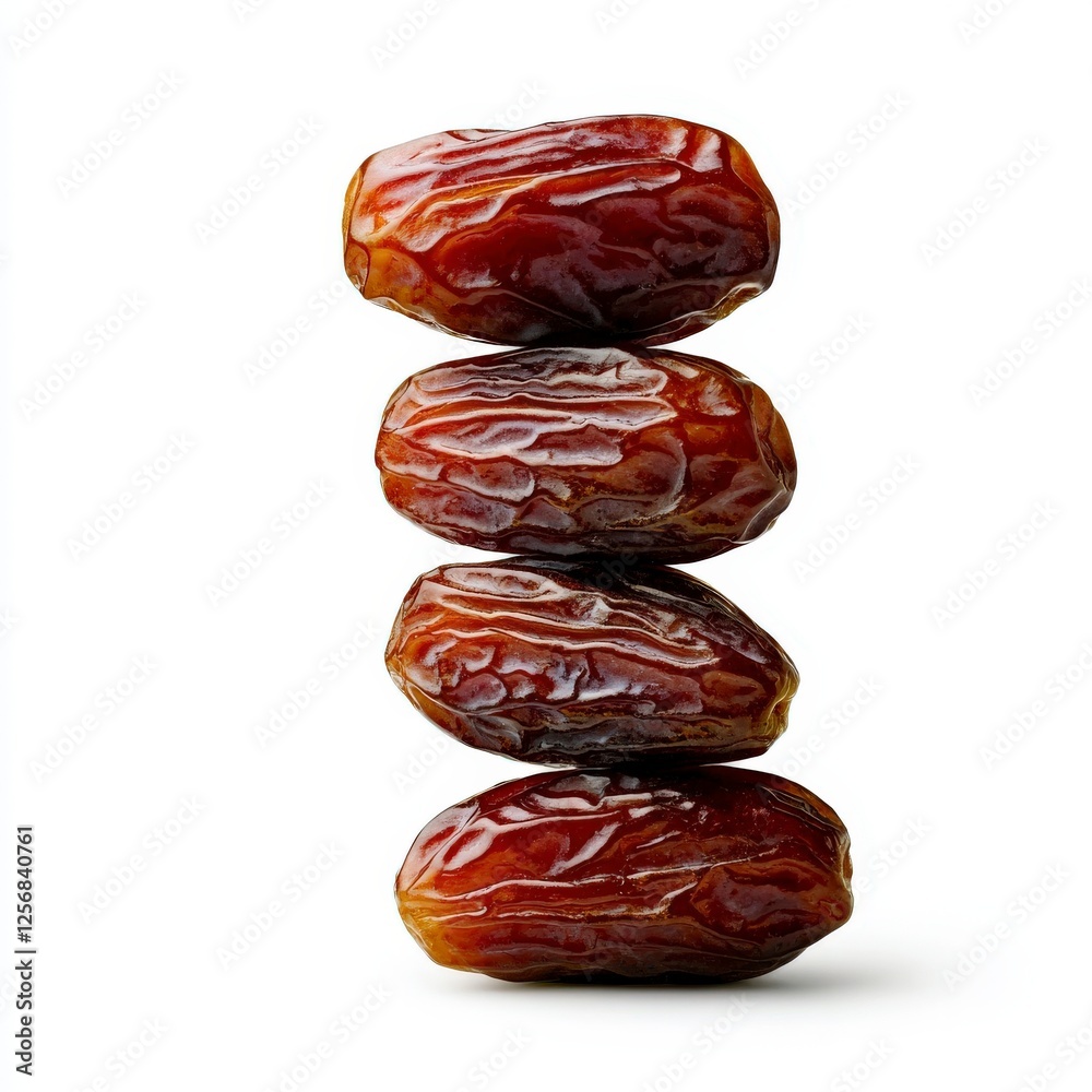 Obraz premium Stack of Dates: A close-up view of a stack of four plump dates, each with a wrinkled, dark brown skin. The natural sweetness and subtle caramel flavor are almost tangible. 