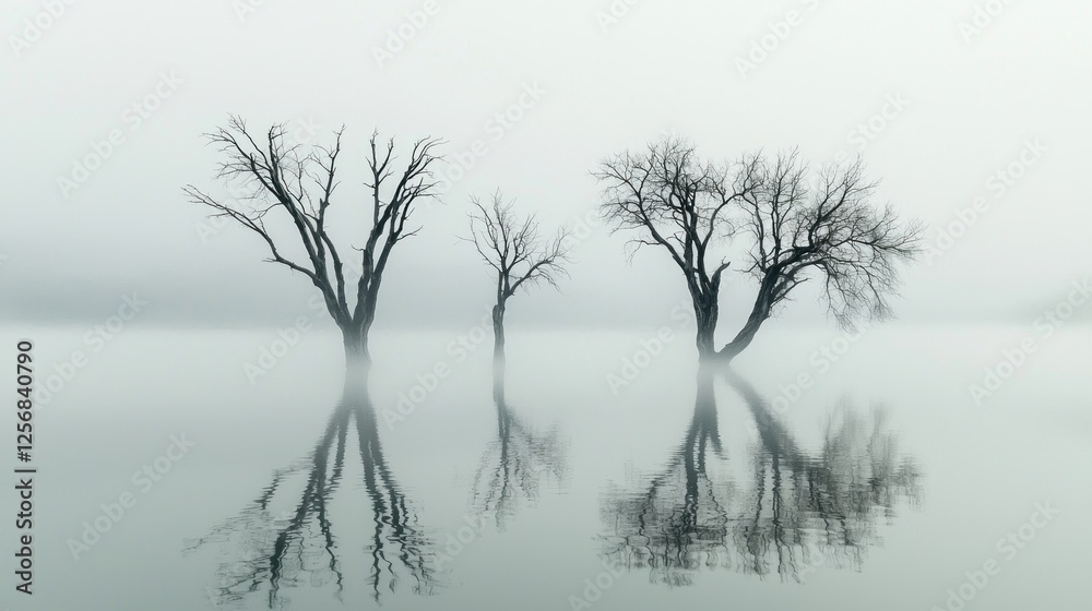 Misty Morning: Trees Mirrored in Still Water Misty Morning: Trees Mirrored in Still Water