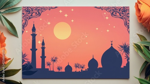 Serene Night in Islamic Cityscape:  A Silhouette of Mosques Under a Starlit Sky