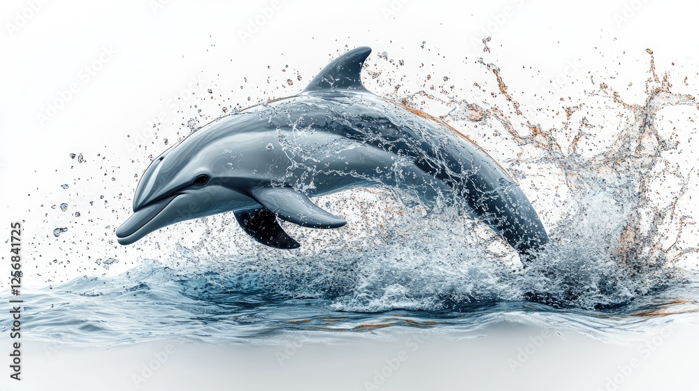 Fototapeta premium Graceful dolphin leaping from water, showcasing agility and beauty in a serene ocean backdrop