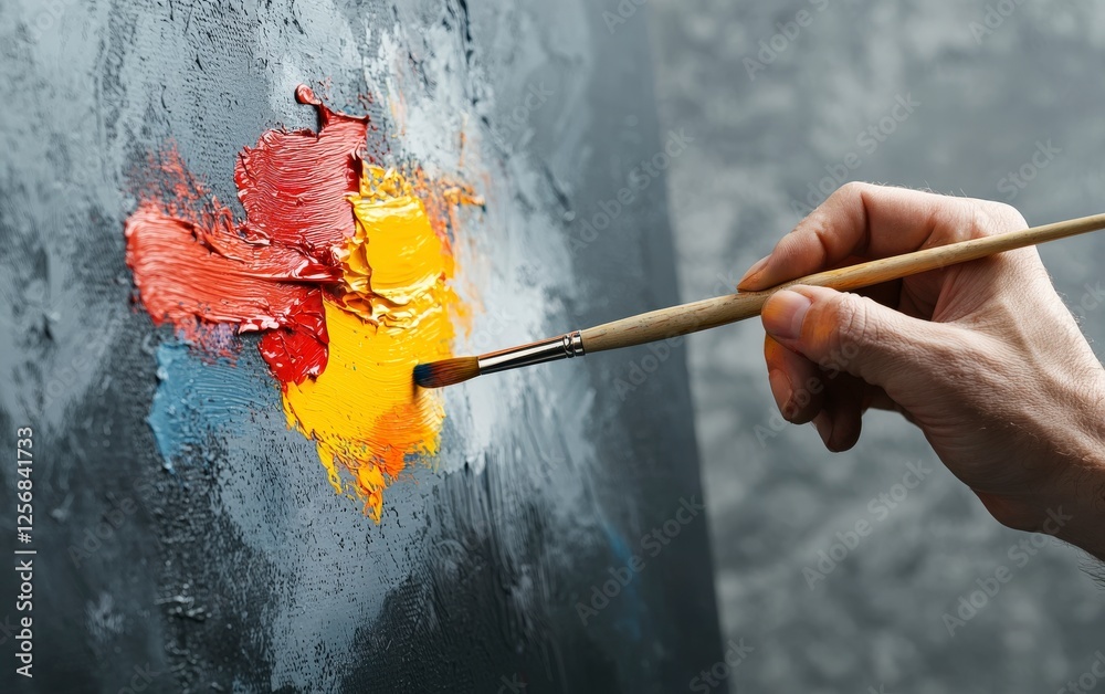The Artist's Touch: A close-up shot of an artist's hand blending vibrant oil paints on a canvas, capturing the raw energy and creativity of the creative process. The Artist's Touch: A close-up shot of an artist's hand blending vibrant oil paints on a canvas, capturing the raw energy and creativity of the creative process.