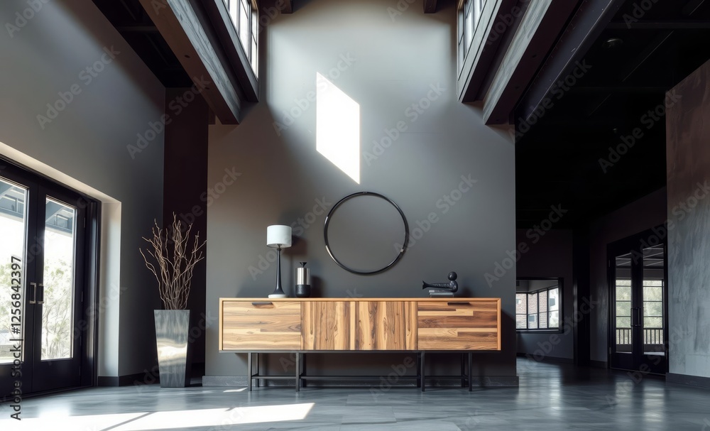 A trendy industrial entryway with a custom wooden console metal sculptures and a polished concrete floor under a high vaulted ceiling architecture photographyarchitecture city building urban design ex