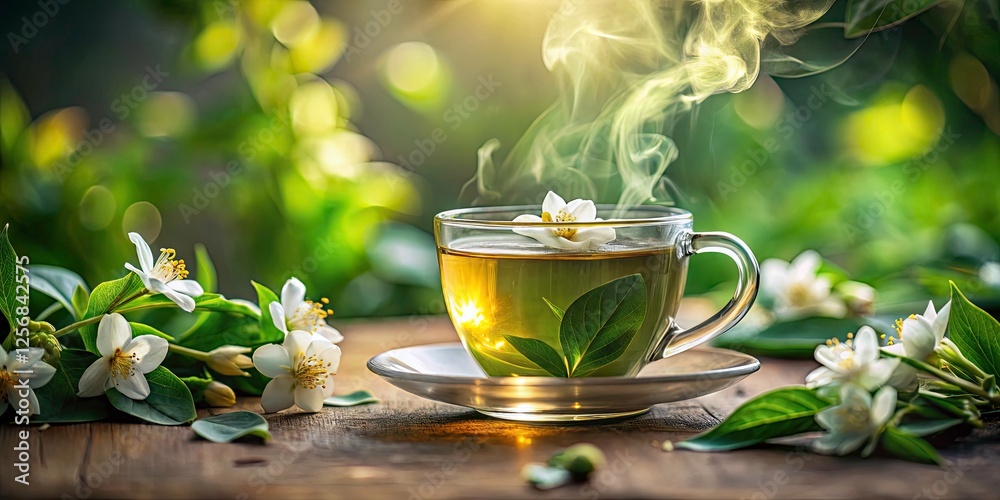 Tilt-Shift Photography: Jasmine Green Tea, Miniature Cup, Fresh Brew, Aromatic Herbs, Close-Up, Whimsical, Detailed, Green Tea Leaves, Steam Tilt-Shift Photography: Jasmine Green Tea, Miniature Cup, Fresh Brew, Aromatic Herbs, Close-Up, Whimsical, Detailed, Green Tea Leaves, Steam