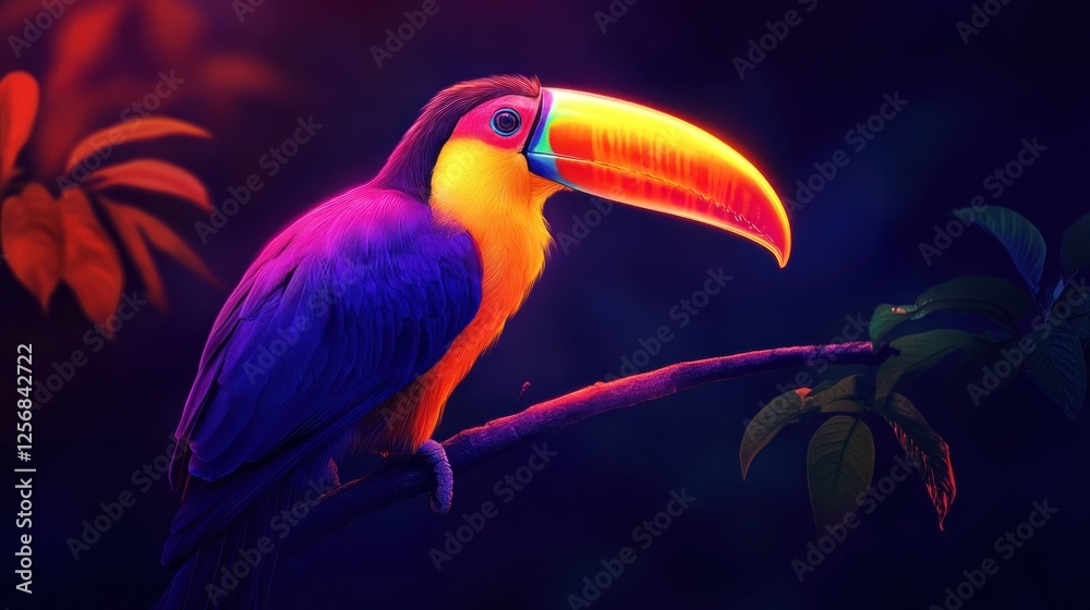 Obraz premium Vibrant toucan perched on branch, rainforest night