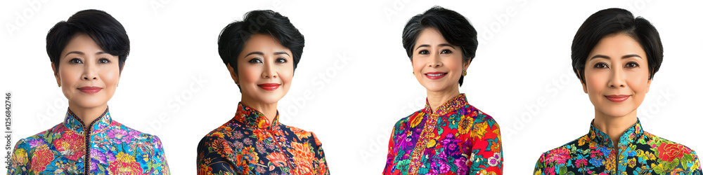 Vibrant Portraits of Smiling Elderly Asian Women in Traditional Floral Dresses of Culture Tradition and Joyful Expressions Vibrant Portraits of Smiling Elderly Asian Women in Traditional Floral Dresses of Culture Tradition and Joyful Expressions