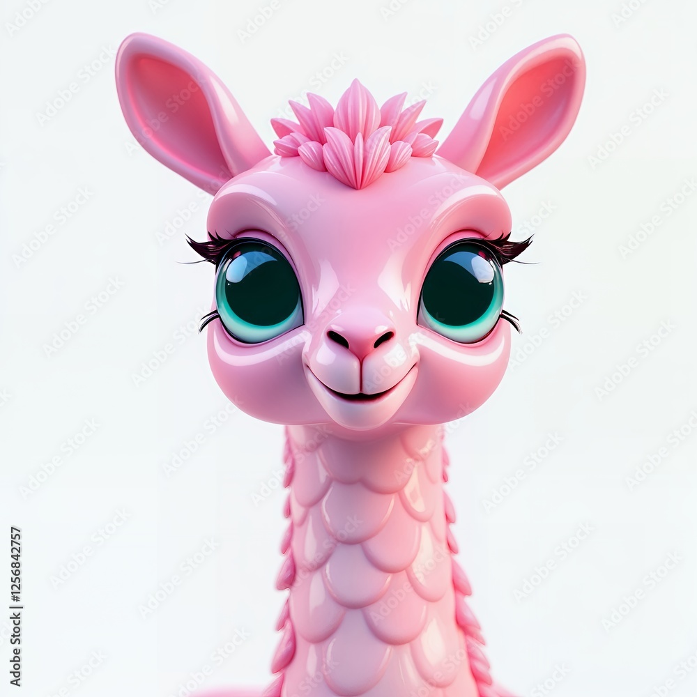 Naklejka premium Cute pink llama in pastel style with shiny plastic design with beautiful eyes