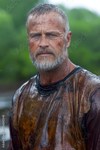 A wet man with a beard looks at the camera.