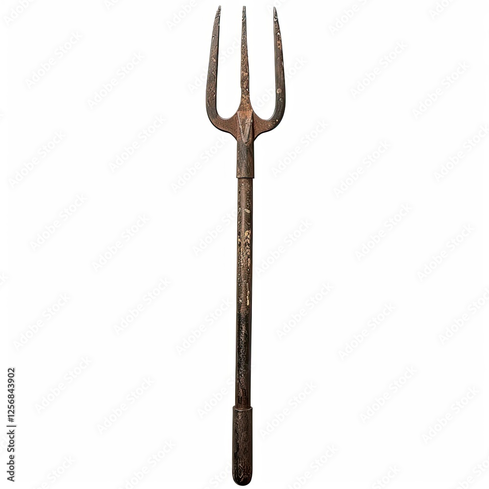 A rusty three-pronged garden fork, used for cultivating soil and gardening tasks. isolated on white background A rusty three-pronged garden fork, used for cultivating soil and gardening tasks. isolated on white background