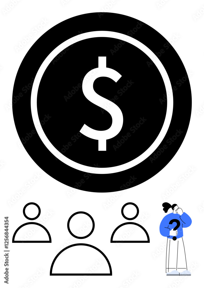Large dollar coin icon conveys financial themes. Below, user outlines, curious figure reflects. Ideal for money management, team finance, decisions, crowdsourcing, economy wealth abstract line flat Large dollar coin icon conveys financial themes. Below, user outlines, curious figure reflects. Ideal for money management, team finance, decisions, crowdsourcing, economy wealth abstract line flat