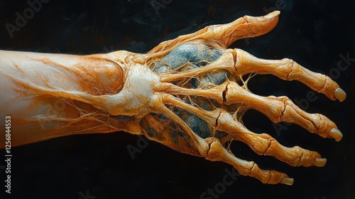 Anatomical study of a human hand showcasing detailed muscle and bone structure against a dark background