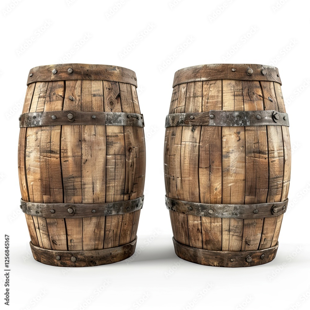 Obraz premium Two wooden barrels with metal bands, commonly used for storage or aging beverages. isolated on white background