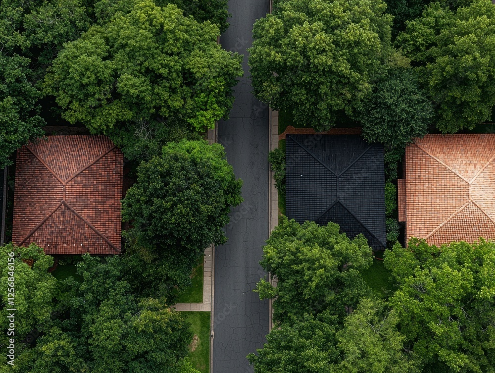 Aerial view of houses with trees lining a street. Aerial view of houses with trees lining a street.