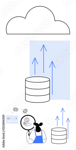 Person examining data with magnifying glass, database showing upward arrows toward cloud, security icons, blue accents. Ideal for cloud computing, data analysis, cybersecurity, storage solutions