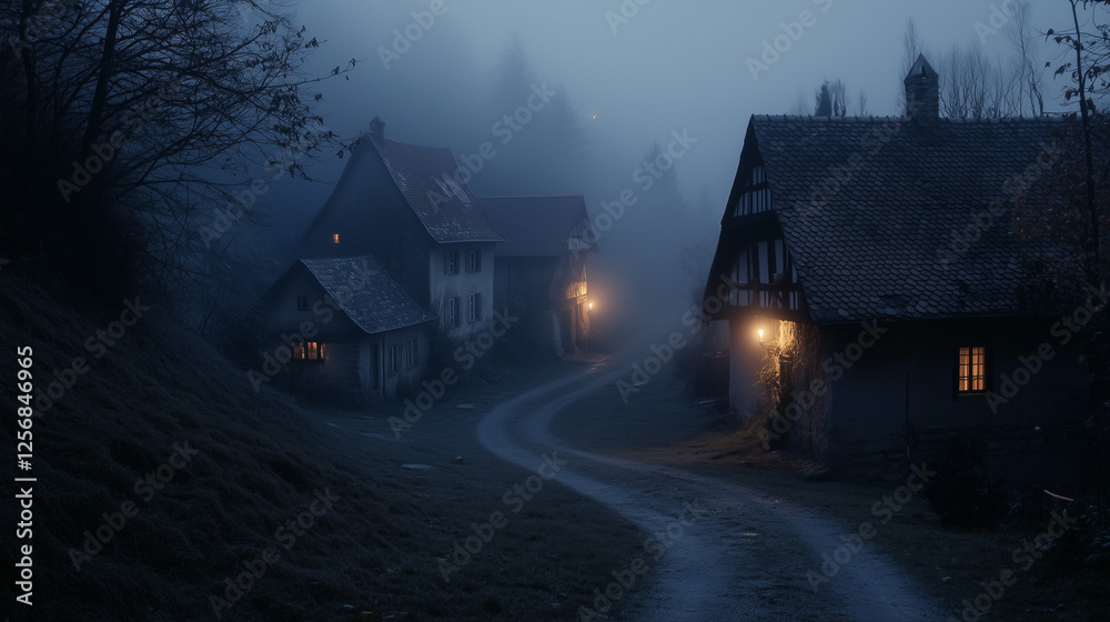 A small village with candlelit houses on Walpurgis night, quiet streets with light fog, Ai generated images A small village with candlelit houses on Walpurgis night, quiet streets with light fog, Ai generated images