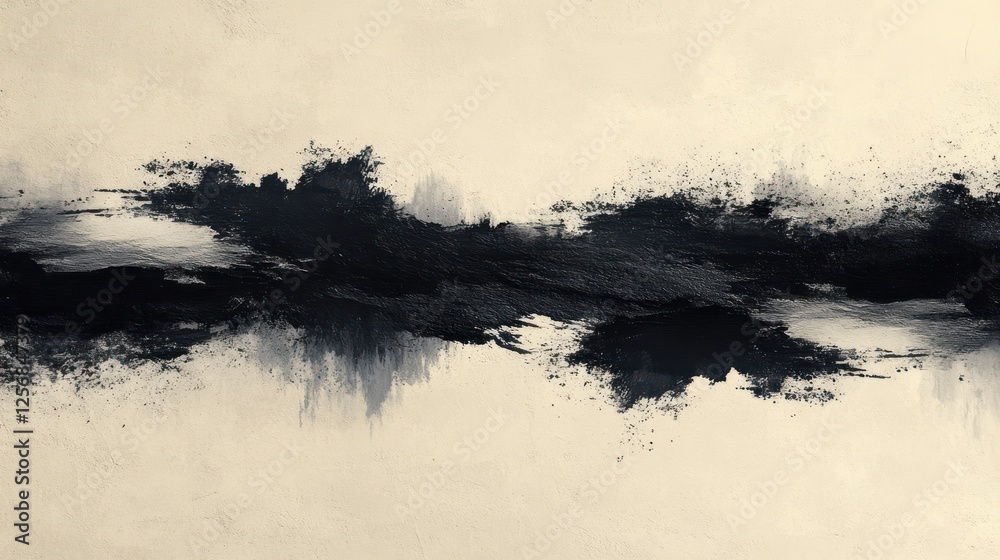 Fototapeta premium Minimalistic Abstract Ink Wash Art with Black Brushstrokes on Textured Beige Background