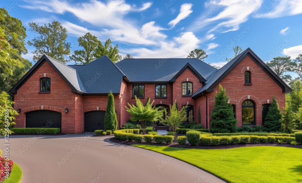 Luxurious brick home with lush greenery and driveway architecture photographyarchitecture city building urban design exterior background tourism