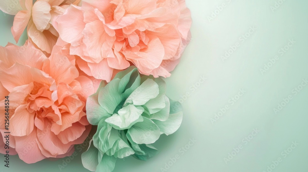 Pastel Peach and Mint Paper Flowers on a Soft Green Background Pastel Peach and Mint Paper Flowers on a Soft Green Background