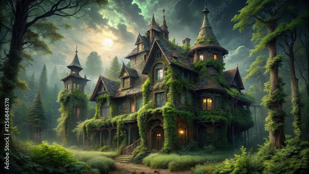 Overgrown with vines and moss, a decrepit haunted house looms in the woods, its turrets and spires reaching toward the moonlit sky, casting long ominous shadows, haunted mansion, woodland Overgrown with vines and moss, a decrepit haunted house looms in the woods, its turrets and spires reaching toward the moonlit sky, casting long ominous shadows, haunted mansion, woodland