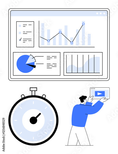 Business analytics dashboard stopwatch person holding tablet. Ideal for data analysis, time management, productivity, business strategy, video tutorials, digital marketing, training. Line metaphor