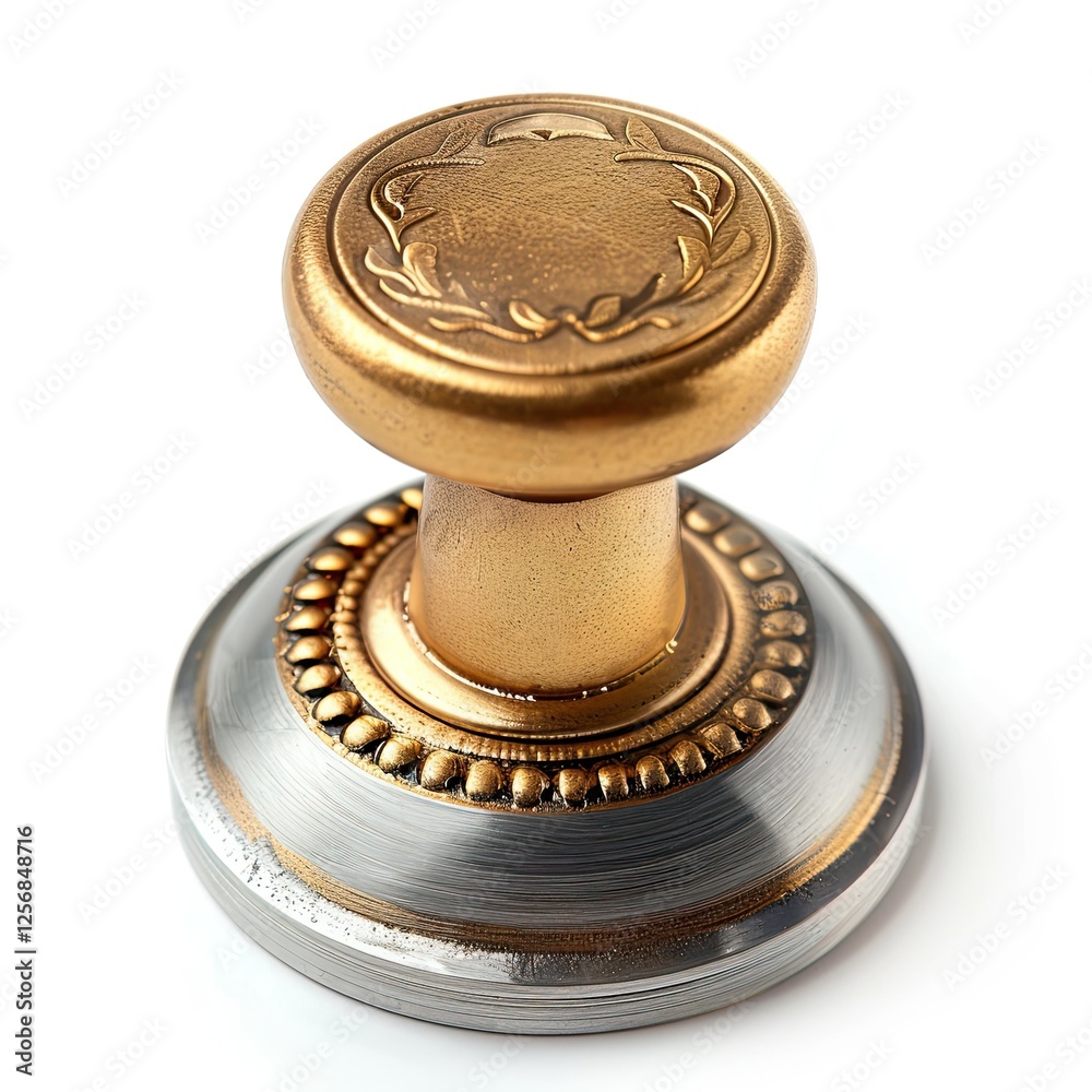 A decorative metal stamp with a golden handle, used for sealing or embossing documents. isolated on white background A decorative metal stamp with a golden handle, used for sealing or embossing documents. isolated on white background