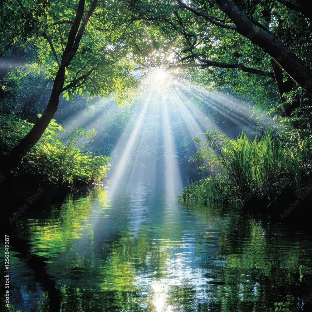 Serene Forest Stream with Sunlight Beaming Through Trees Serene Forest Stream with Sunlight Beaming Through Trees