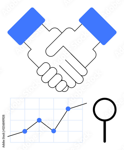 Two hands shaking above a rising line graph and magnifying glass, symbolizing collaboration, growth, and success. Ideal for teamwork, business, partnership, analysis, agreements strategy abstract