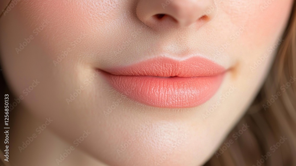 Obraz premium Close-up of Peach Lips, Soft Focus, Smooth Skin, Makeup, Beauty Shot