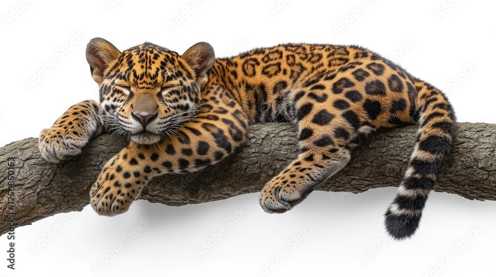 Obraz premium A relaxed leopard lounging on a tree branch, showcasing its vibrant fur against a white backdrop