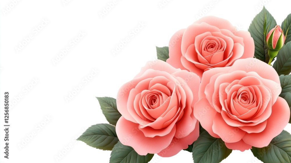 Three Delicate Pink Roses with Green Leaves and Bud Three Delicate Pink Roses with Green Leaves and Bud