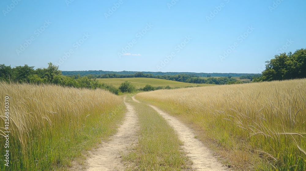 A Serene Country Pathway Through Golden Fields Under Blue Skies A Serene Country Pathway Through Golden Fields Under Blue Skies