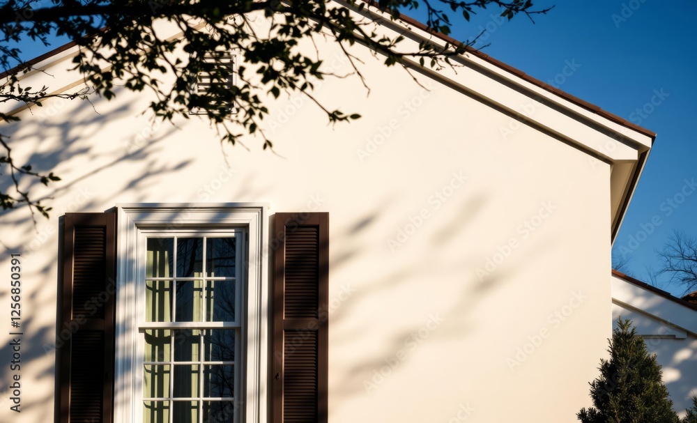 Elegant home exterior: white window and shadowy tree branches classic architecture and design real estate photography architecture photographyarchitecture city building urban design exterior backgroun