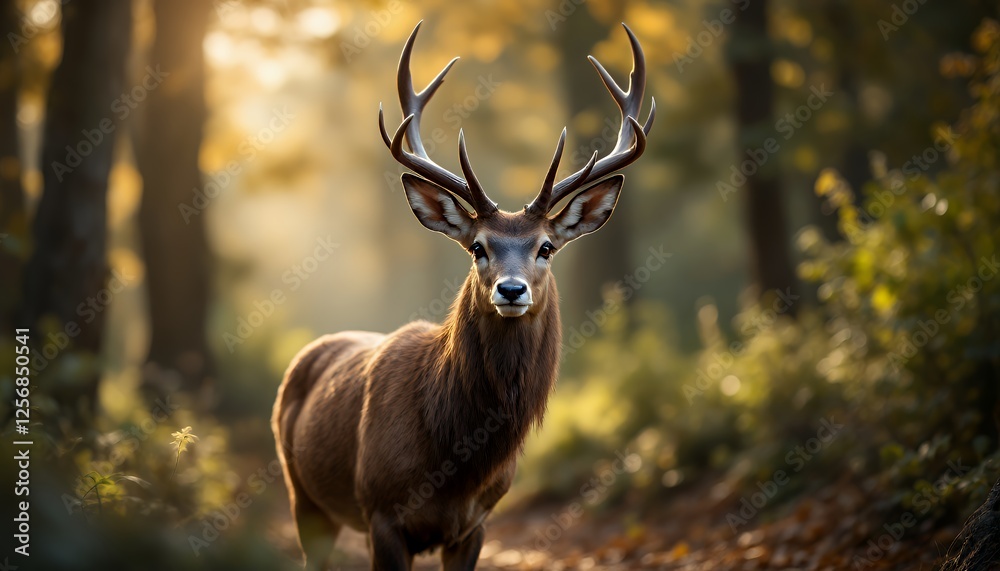 Obraz premium Majestic Deer Standing Alone Surrounded By Sunlight Surrounded By Trees and Green Leaves in a Lush Forest, the Animal in Focus, Natural Lighting And Wildlife