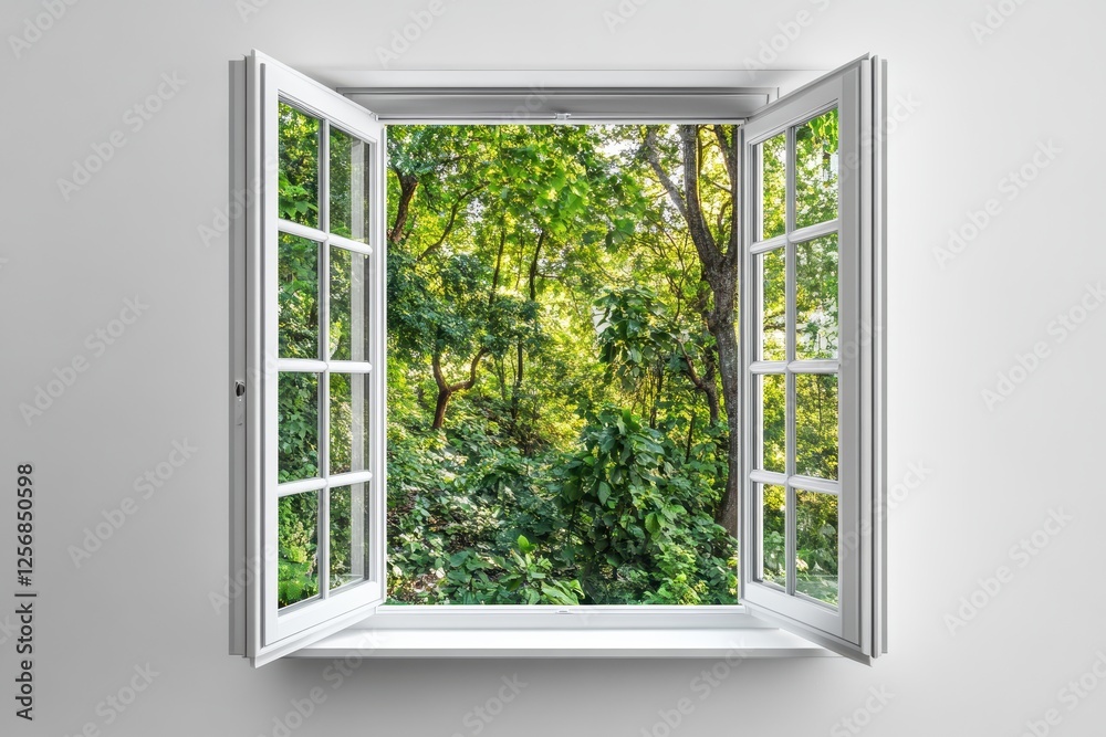 Obraz premium White window opened to lush green forest. Ideal for nature, peace, tranquility themes.