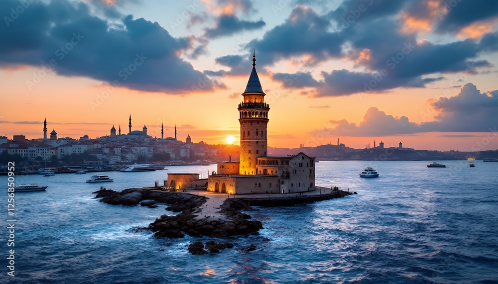 Fototapeta premium A beautiful photo of the iconic Maiden's Tower at sunset in Istanbul reflecting the golden light of the sunset over the water located on the water