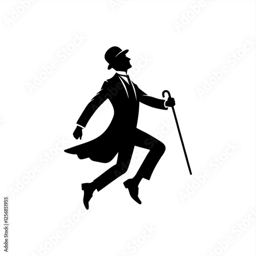 man wear coat suit and bowler hat happy jump with stick	