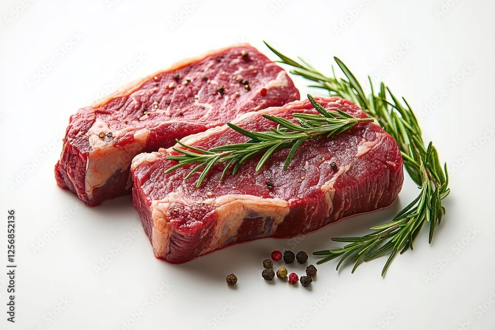 Juicy Raw Beef Steaks with Fresh Rosemary on White Background Juicy Raw Beef Steaks with Fresh Rosemary on White Background