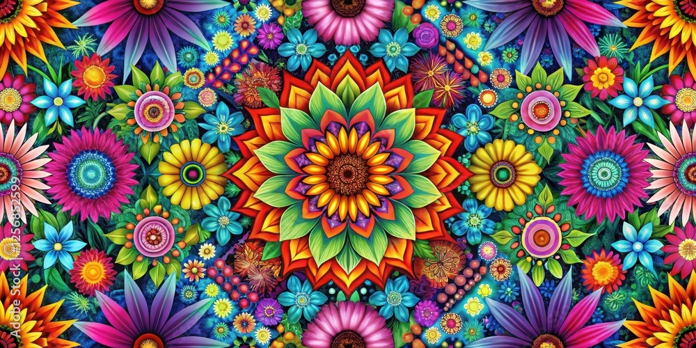 Psychedelic Floral Geometric Pattern , vibrant flowers Psychedelic Floral Geometric Pattern , vibrant flowers
