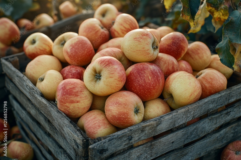 Freshly Harvested Red Yellow Apples in Wooden Crate Freshly Harvested Red Yellow Apples in Wooden Crate
