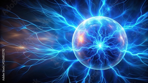 Electric blue glowing plasma ball suspended in mid-air against a dark abstract background, cosmic, blue lightning