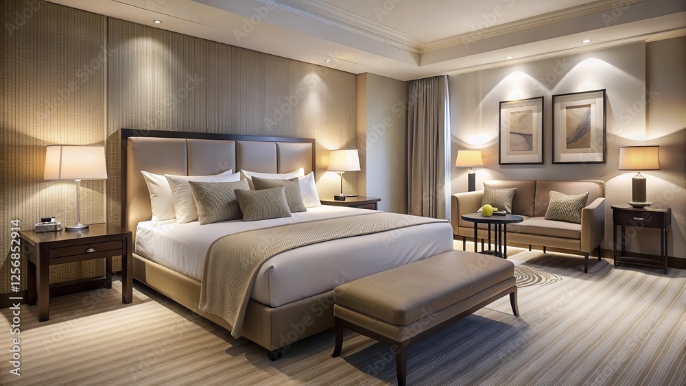 Softly lit hotel room with plush bedding and modern furniture, neutral colors, soft lighting, neutral colors, soft lighting Softly lit hotel room with plush bedding and modern furniture, neutral colors, soft lighting, neutral colors, soft lighting