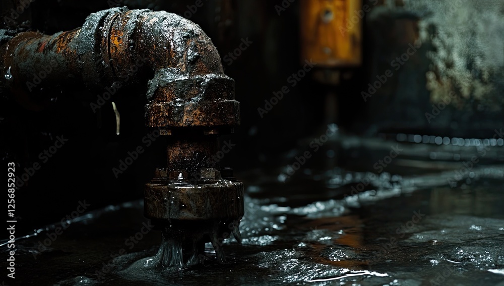 Rusty, Leaking Water Pipe Dripping onto a Dark, Soaked Concrete Floor in a Damp, Old Building Rusty, Leaking Water Pipe Dripping onto a Dark, Soaked Concrete Floor in a Damp, Old Building