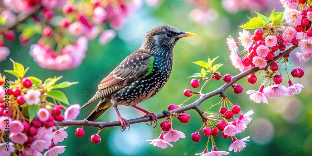 Young Common Starling Eating on Cherry Branch with Bokeh Background, Nature Photography, Birds, Wildlife, Spring, Fresh Fruit, Beautiful Young Common Starling Eating on Cherry Branch with Bokeh Background, Nature Photography, Birds, Wildlife, Spring, Fresh Fruit, Beautiful