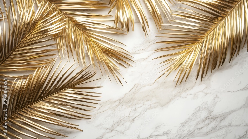 Obraz premium Golden Palm Leaves on Marble Background - Luxurious Tropical Design