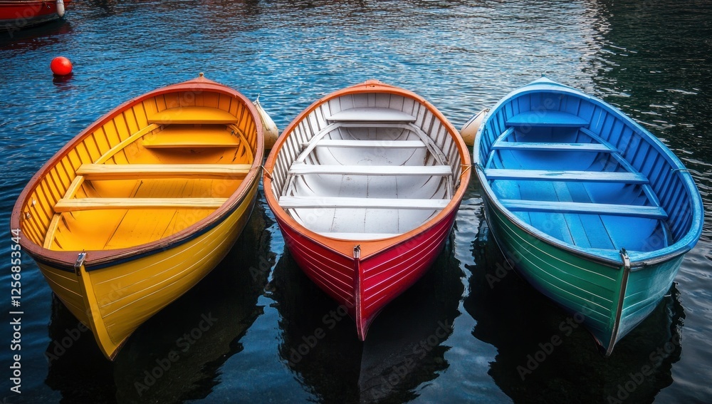 Obraz premium Vibrant Rowboats on Calm Water: A Colorful Trio