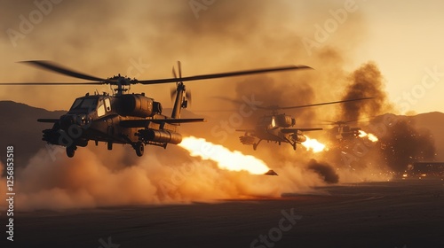 Attack helicopters launching rockets at sunset photo