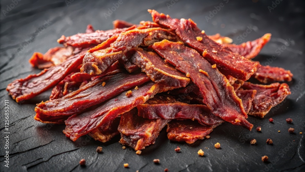 Crispy dried beef strips on dark background, with slight texture and natural light effect, beef jerky, food Crispy dried beef strips on dark background, with slight texture and natural light effect, beef jerky, food