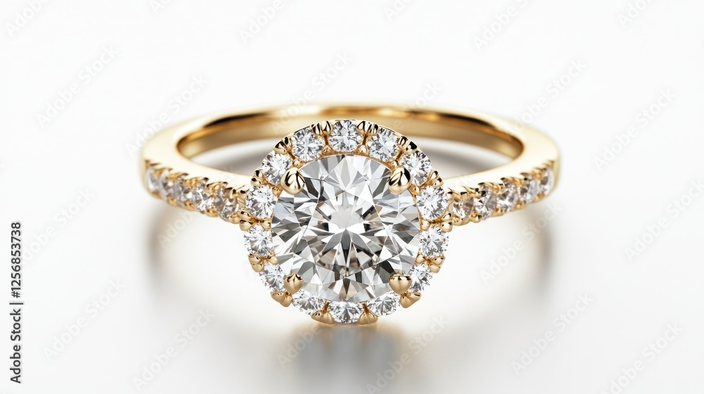Gold Diamond Halo Engagement Ring, Jewelry, Elegant Gold Diamond Halo Engagement Ring, Jewelry, Elegant