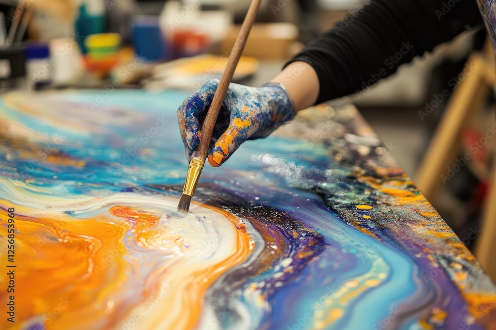 Fototapeta premium Artist Hand Painting Vibrant Fluid Acrylic Artwork